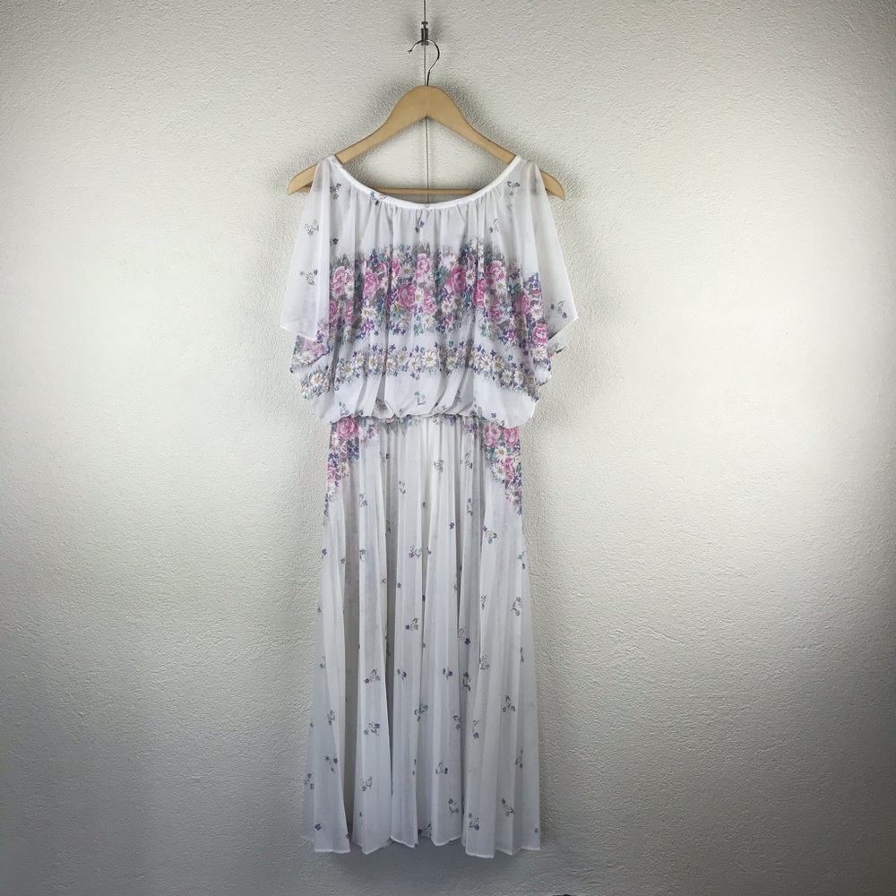 Vintage l 80s S Sheer Floral Daisy Cottagecore Flutter Sleeve Pleated Boho Dress